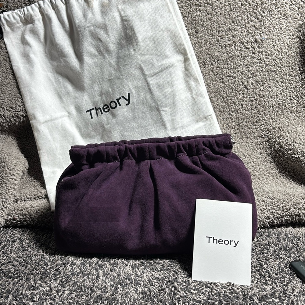THEORY PLEATED CLUTCH AUBERGINE ELM SUEDE